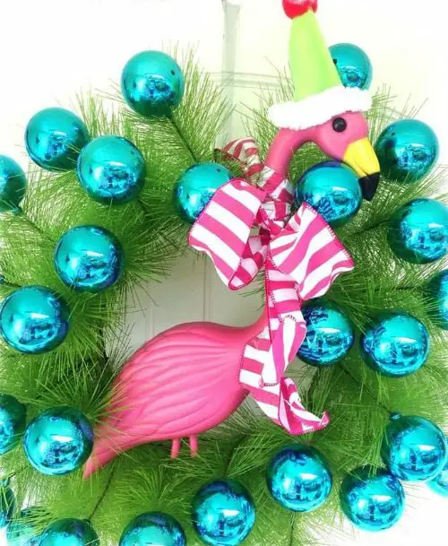 Blue Christmas Ball Wreath with Flamingo