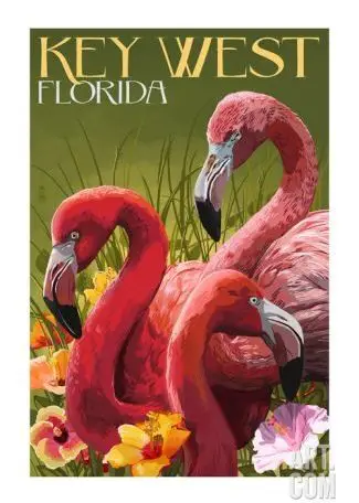 Key West Destination Poster with Flamingos