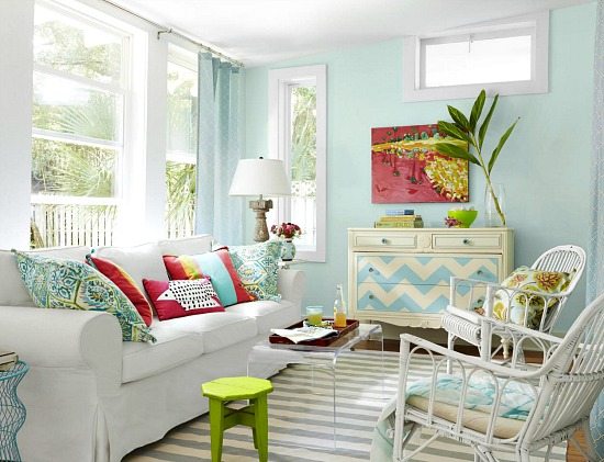 Beach Cottage Living Room in Blue Pink and Green